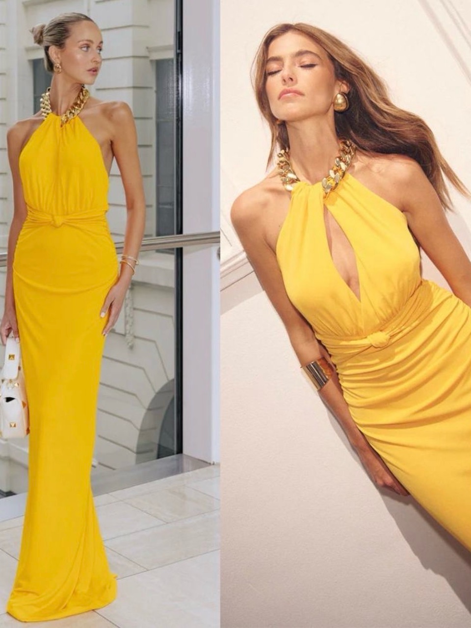 Rebecca Vallance Yellow Halter Maxi Gown With Chain Neck